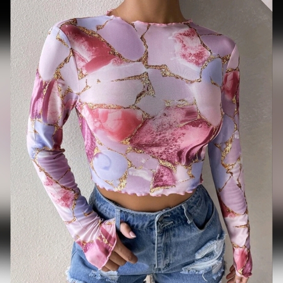 Lettuce Trim Marble Print Mesh Top - Picture 1 of 3